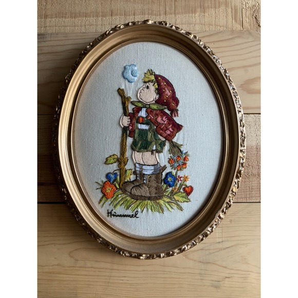 Other - Framed Cross-stitch Cottage Core Hummel Large 12x9.5" Nursey Child Flower Nature